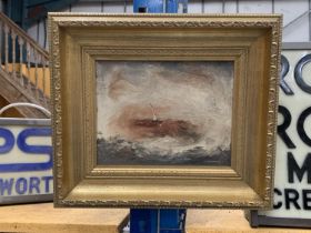 AN OIL ON BOARD OF A STORM AT SEA IN AN ORNATE GOLD FRAME SIGNED G A HUNTER