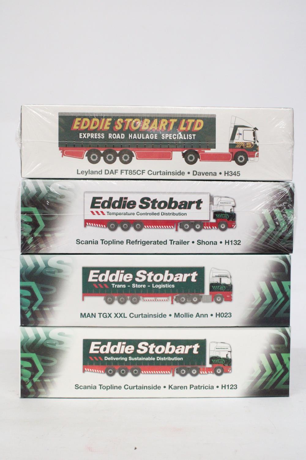 FOUR AS NEW BOXED EDDIE STOBART NAMED WAGONS TO INCLUDE A SCANIA TOPLINE REFRIGERATED TRAILER, A