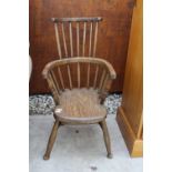 AN ELM CHILDS WINDSOR CHAIR WITH HIGH BACK