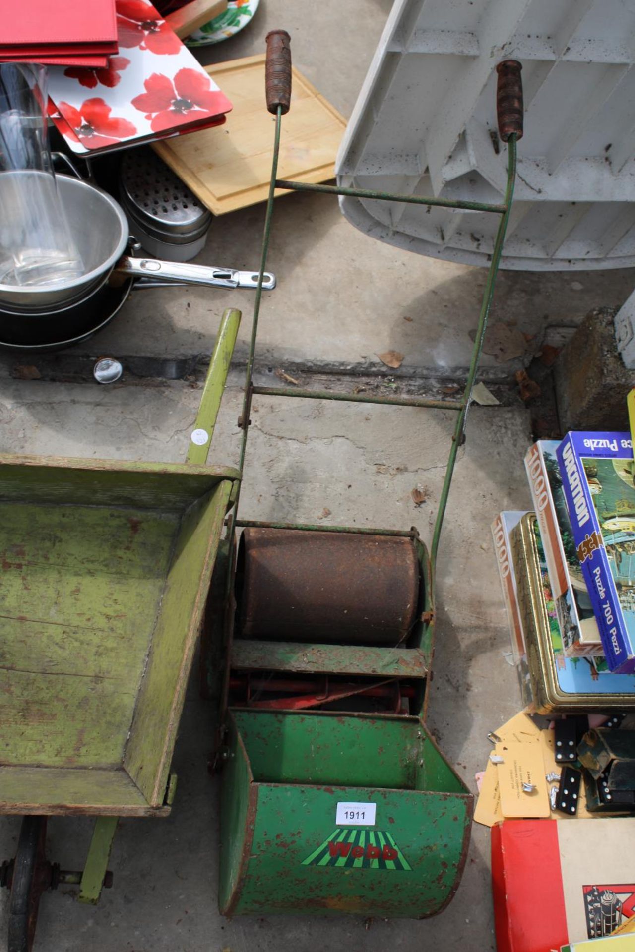 A CHILDS WEBB PUSH MOWER AND A WOODEN WHEEL BARROW - Image 3 of 3