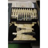 A VINTAGE CASED, CAKE KNIFE AND FORK SET WITH SERVERS, PLUS A TABLE CLOTH AND COTTON NAPKINS