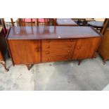 AN A YOUNGER LTD RETRO TEAK SIDEBOARD ENCLOSING TWO CUPBOARDS, FOUR DRAWERS, 66" WIDE