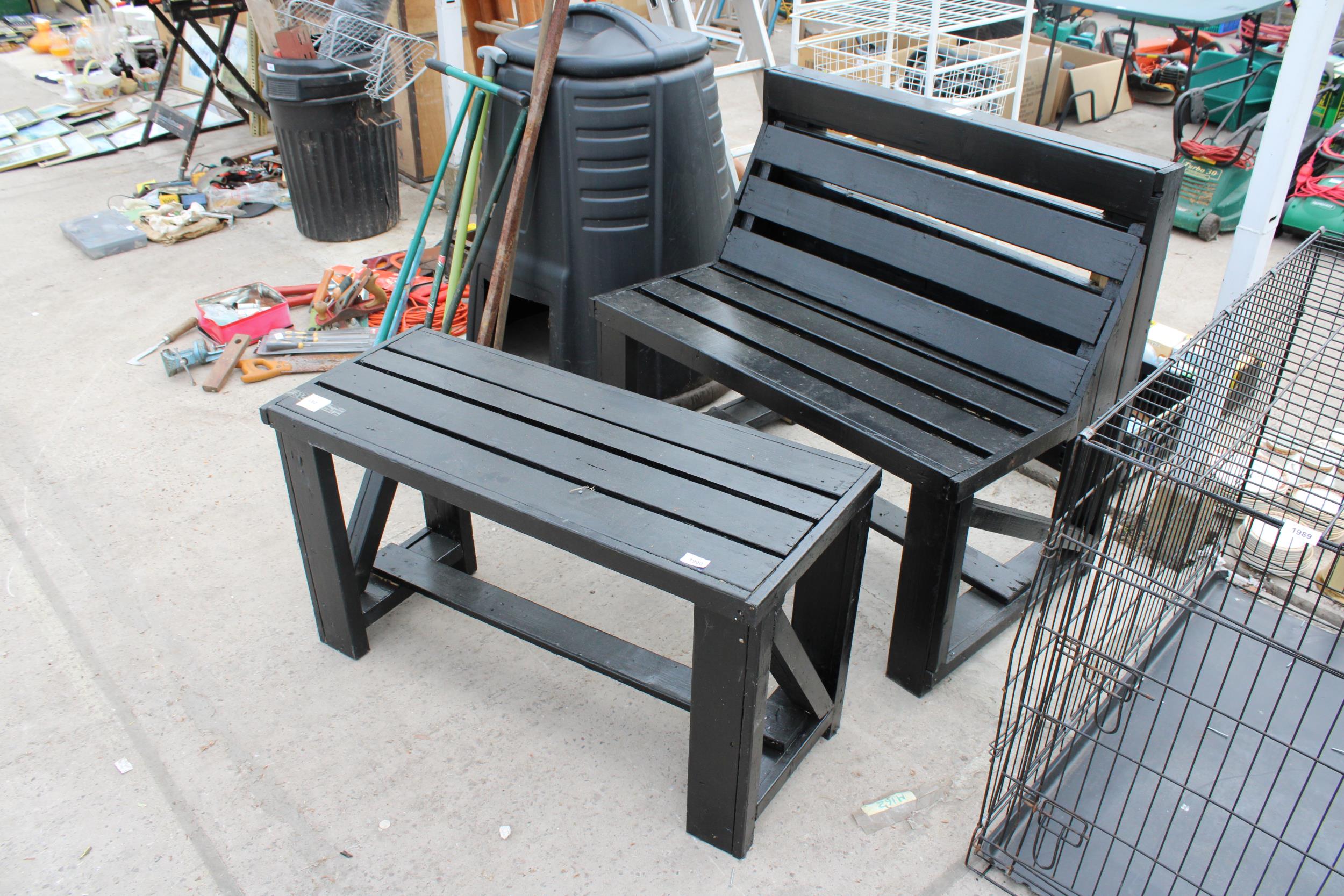 A WOODEN GARDEN BENCH AND TABLE SET - Image 2 of 2