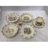 A COLLECTION OF ROYAL DOULTON 'BUNNYKINS' DINNERWARE TO INCLUDE BOWLS, PLATES, A CUP AND SAUCER