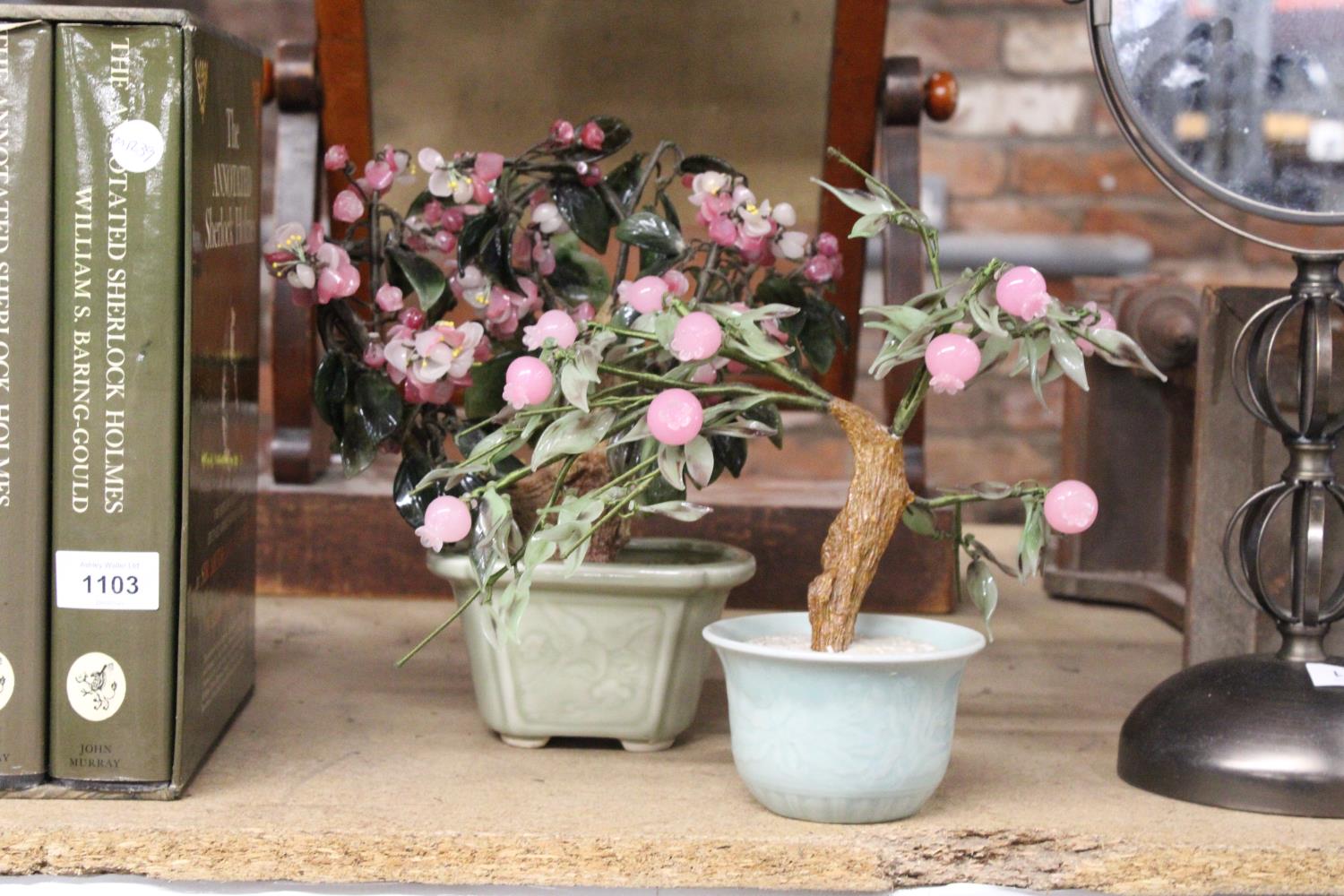 TWO VINTAGE ARTIFICAL ORIENTAL STYLE BONSAI TREES MADE WITH GLASS