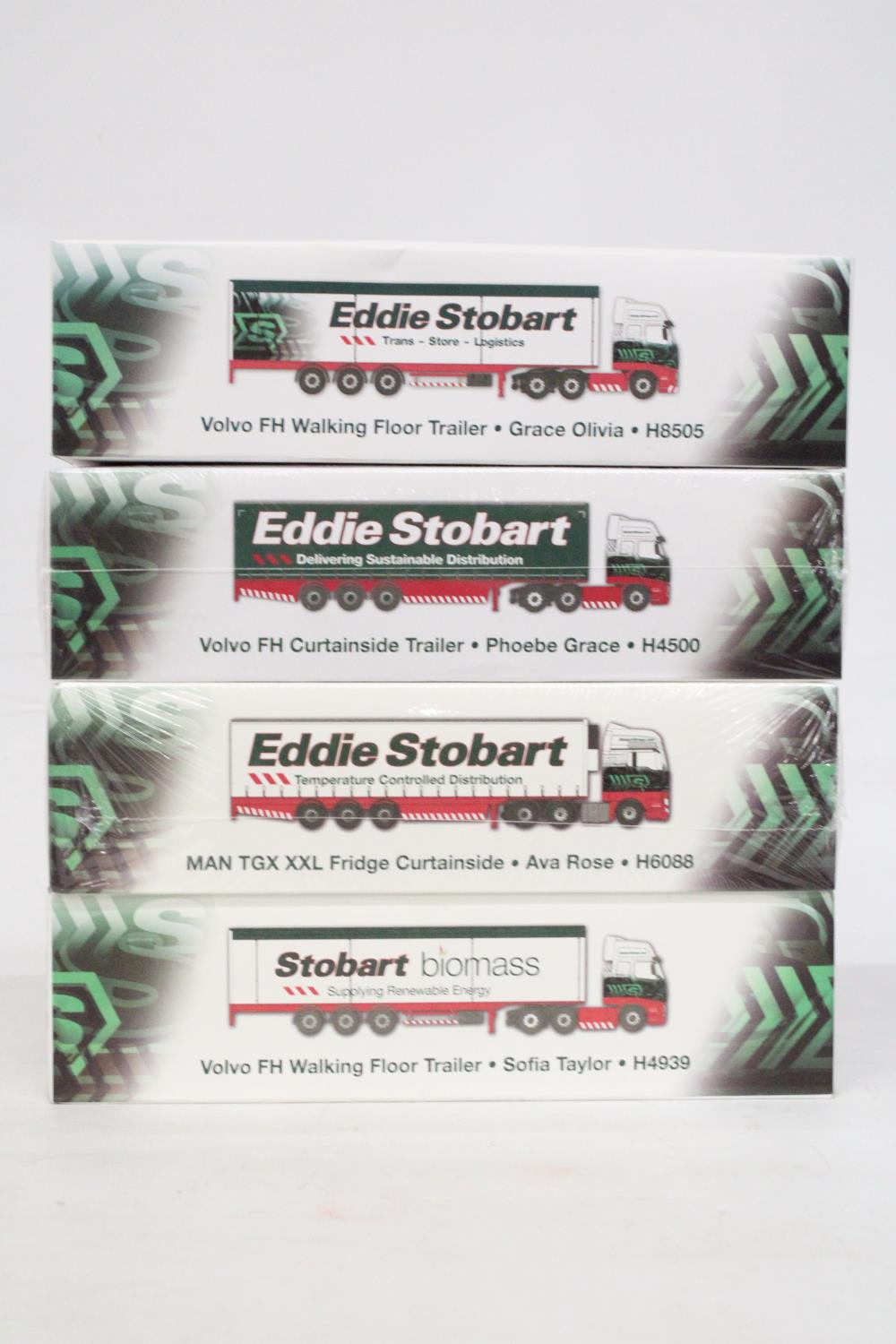 FOUR AS NEW BOXED EDDIE STOBART NAMED WAGONS TO INCLUDE TWO VOLVO FH WALKING FLOORS, A MAN TGX XXL
