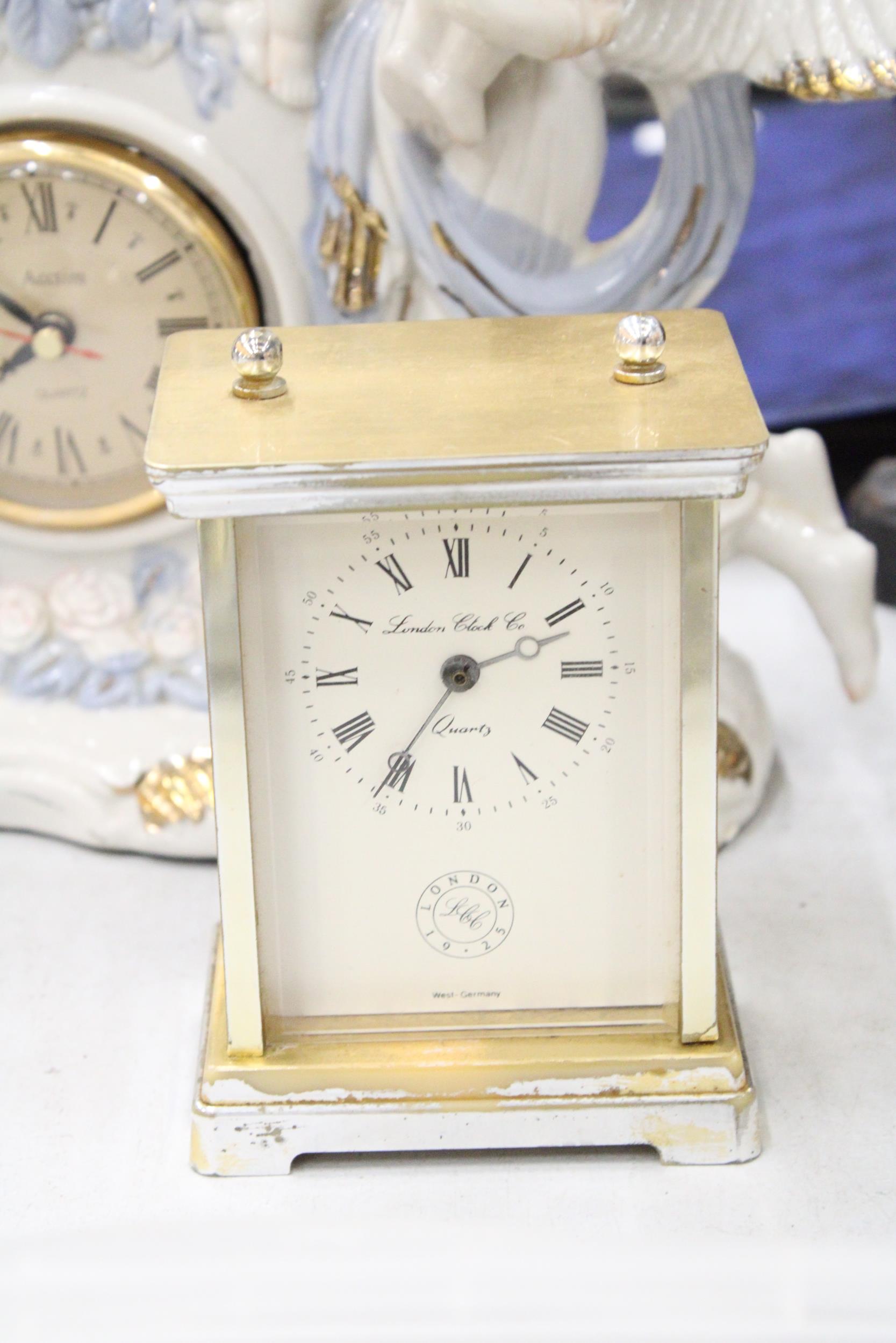 TWO MANTLE CLOCKS TO INCLUDE A CERAMIC ANGEL WITH CHILDREN, PLUS A CARRIAGE CLOCK - Image 2 of 5
