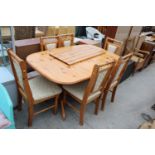 A MODERN PINE EXTENDING DINING TABLE 62" X 39" (LEAF 17") AND SIX DINING CHAIRS