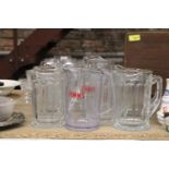 FIVE CHUNKY GLASS TWO PINT BEER JUGS, ONE FOUR PINT PLUS ONE PIMMS