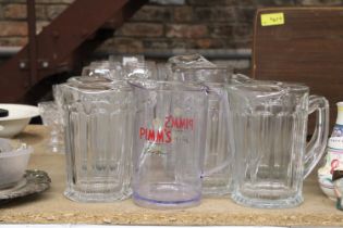 FIVE CHUNKY GLASS TWO PINT BEER JUGS, ONE FOUR PINT PLUS ONE PIMMS