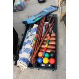 A BELIEVED COMPLETE CROQUET SET AND A LAWN CRICKET SET ETC