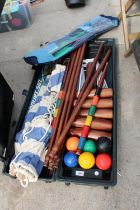 A BELIEVED COMPLETE CROQUET SET AND A LAWN CRICKET SET ETC