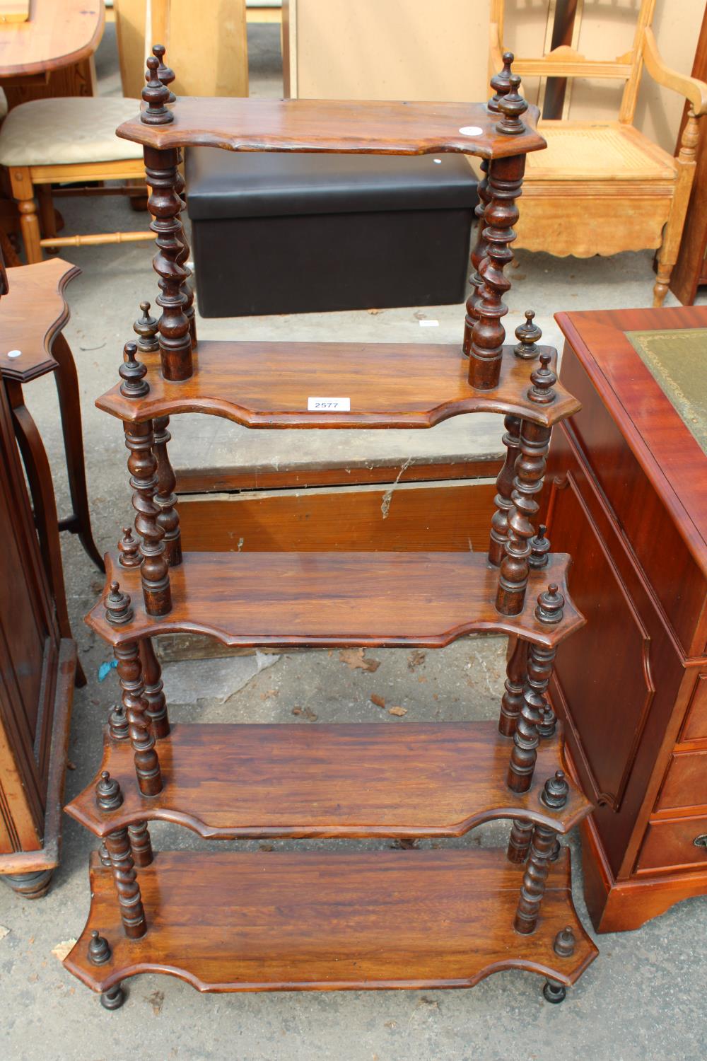 A VICTORIAN FIVE TIER WATERFALL WHATNOT WITH BARLEY TWIST UPRIGHTS, 29" WIDE