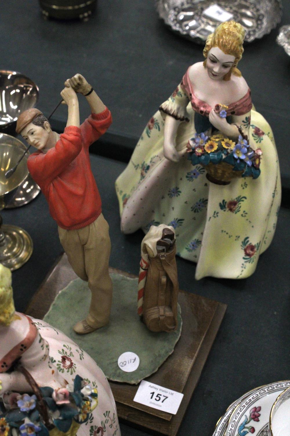 FOUR LARGE FIGURES TO INCLUDE TWO LADIES, A CAPODIMONTE STYLE CLOCKMAKER AND A GOLFER - Image 2 of 3