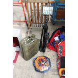 AN ASSORTMENT OF ITEMS TO INCLUDE A JERRY CAN, JUMO LEADS AND A TRIPOD WORK LIGHT ETC