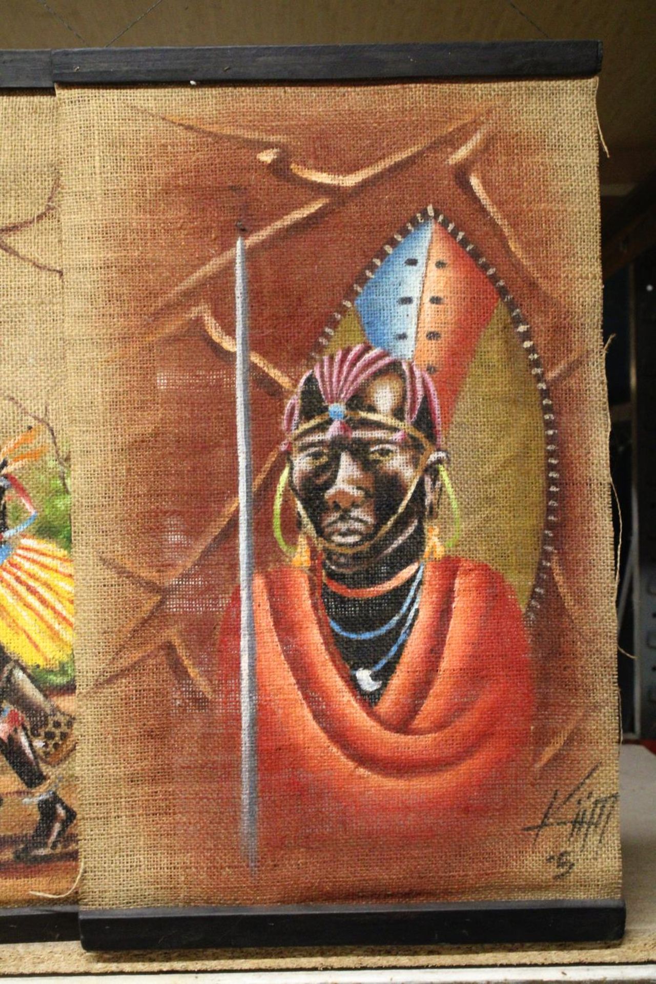 THREE AFRICAN HAND PAINTED ETHNIC ART ON SACK CLOTH, 36CM X 57CM - Image 2 of 4