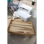 FIVE VARIOUS WOODEN FOLDING TRAYS