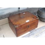 A VINTAGE MAHOGANY SEWING BOX WITH BRASS DETAIL AND SEWING ITEMS INCLUDED