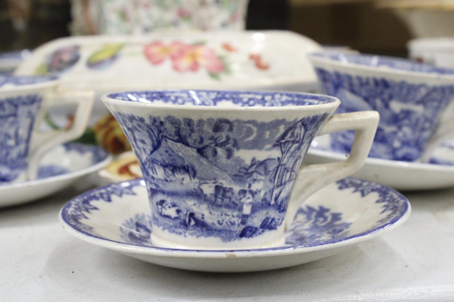FIVE GEORGE JONES AND SONS, 'CRESCENT' BLUE AND WHITE CUPS AND SAUCERS, A FLORAL PLANTER, A PAIR - Image 2 of 6
