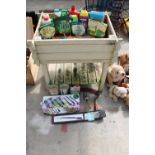 A WOODEN TROUGH PLANTER AND AN ASSORTMENT OF GARDEN ITEMS TO INCLUDE PLANT FOOD, TOOLS AND AN AS NEW