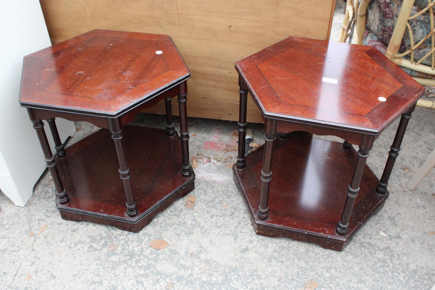 A PAIR OF MAHOGANY HEXAGONAL OCCASIONAL TABLES BEARING LEGATE FURNITURE LABEL