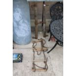 A PAIR OF VINTAGE OX YOLKES AND A WOODEN SLATTED ROPE LADDER
