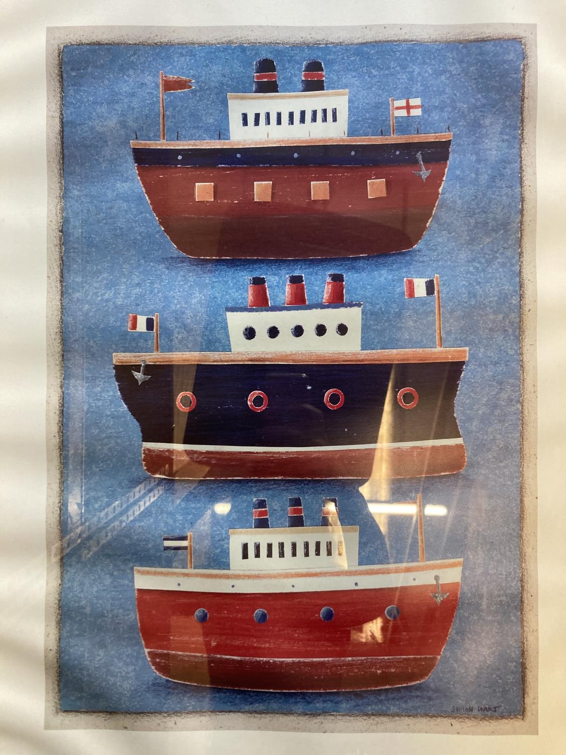 A SIMON HART PRINT OF THREE BOATS IN A PINE FRAME, 63CM X 82CM - Image 2 of 2