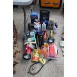 AN ASSORTMENT OF ITEMS TO INCLUDE TORCHES AND MOTOR OILS ETC