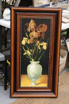 AN OVER VARNISHED STILL LIFE PRINTS OF IRIS'S IN A VASE, GERMAN, WITH ORIGINAL RECEIPT, 55CM X 102CM