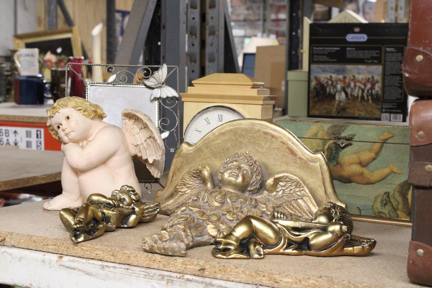 A COLLECTION OF INTERIOR DESIGN PIECES TO INCLUDE, A CHERUB GILT SHELF AND WALL HANGINGS, MANTLE