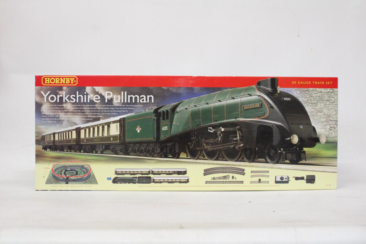 A HORNBY UNUSED YORKSHIRE PULLMAN 00 GAUGE COMPLETE TRAIN SET WITH A CLASS A4 QUICKSILVER