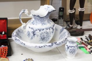 A VICTORIAN BLUE AND WHITE WASH BOWL, JUG AND SMALL VASE
