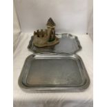 TWO SILVER PLATED TRAYS AND A MODEL OF A CASTLE KEEP