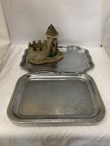 TWO SILVER PLATED TRAYS AND A MODEL OF A CASTLE KEEP