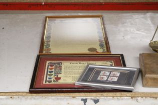 TWO FRAMED FAMILY HISTORY DOCUMENTS FOR THE NAME 'ELKINS' PLUS A SET OF FOUR HERALDRY STAMPS