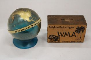 TWO MONEY BOXES TO INCLUDE A VINTAGE PINECHURCH OF ENGLAND AND A NAT WEST GLOBE