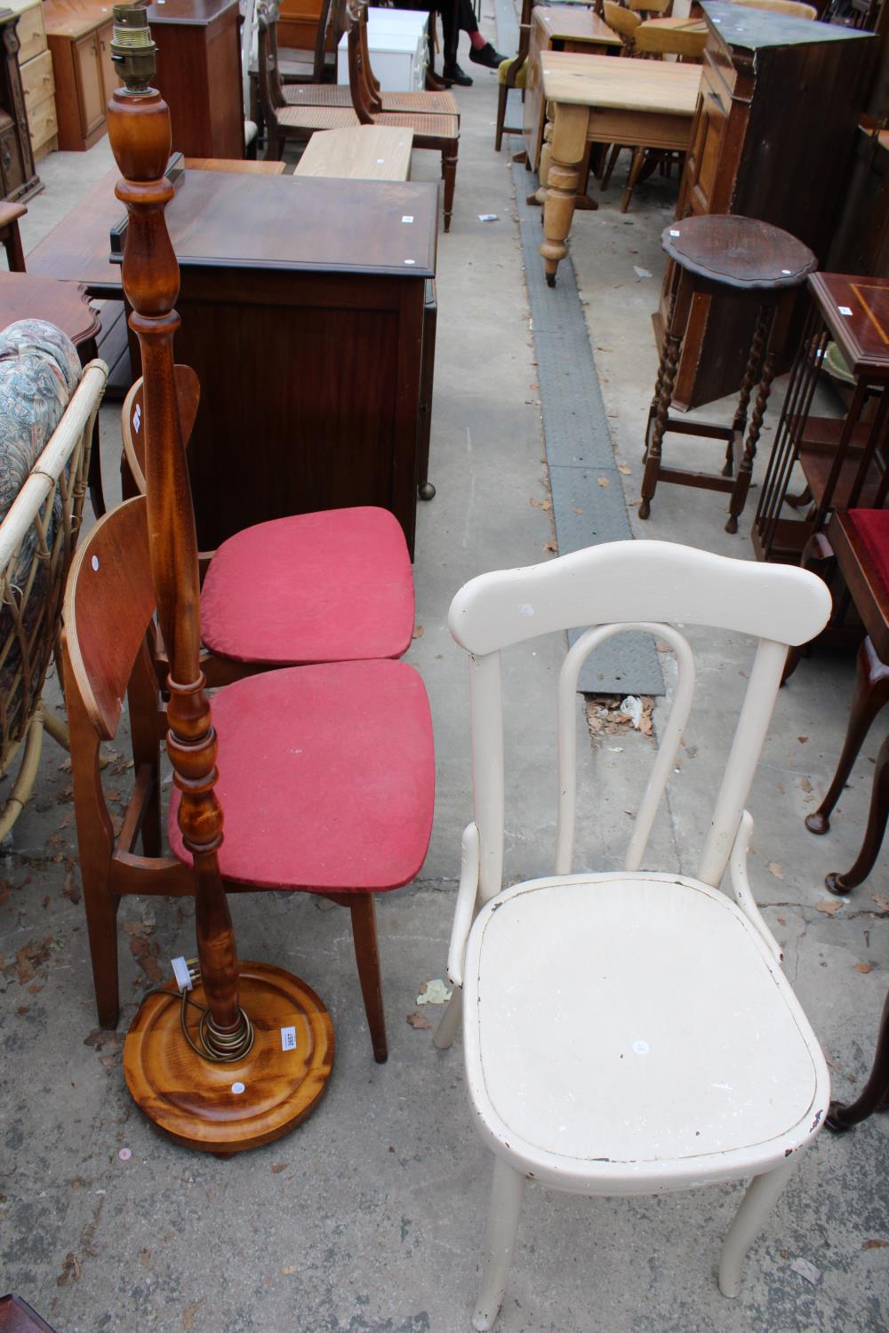 A PAIR OF RETRO TEAK DINING CHAIRS, PAINTED BENTWOOD BEDROOM CHAIR AND A TURNED COLUMN STANDARD LAMP - Image 4 of 4