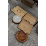 THREE WOODEN CHOPPING BOARDS, A TAPESTRY STOOL AND A TREEN BOWL