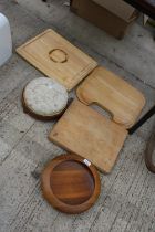 THREE WOODEN CHOPPING BOARDS, A TAPESTRY STOOL AND A TREEN BOWL