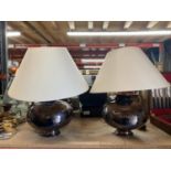 TWO LARGE TABLE LAMPS, WITH BULBOUS BASES, WITH SHADES