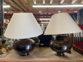 TWO LARGE TABLE LAMPS, WITH BULBOUS BASES, WITH SHADES