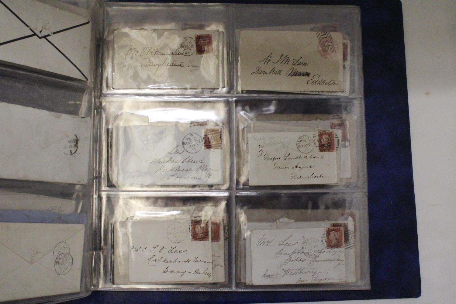 A SELECTION OF VICTORIAN ENVELOPES IN A BLUE BINDER WITH FIFTY PENNY RED STAMPS - Image 5 of 6