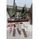 AN ASSORTMENT OF ITEMS TO INCLUDE WADERS, BRACE DRILLS AND A WOOD PLANE ETC