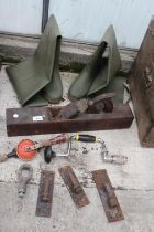 AN ASSORTMENT OF ITEMS TO INCLUDE WADERS, BRACE DRILLS AND A WOOD PLANE ETC