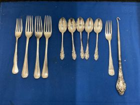 VARIOUS ITEMS OF SILVER FLATWARE TO INCLUDE FIVE FORKS, FIVE SPOONS AND A BUTTON HOOK