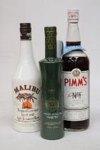 A 70 CL BOTTLE OF MALIBU LIGHT JAMAICAN RUM TOGETHER WITH A 1L BOTTLE OF PIMMS AND A 35 CL BOTTLE OF