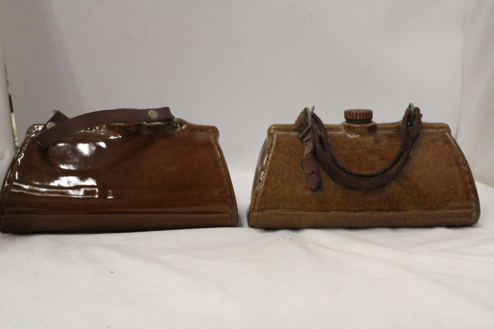 TWO VINTAGE DENBY BOURNE, STONEWARE BED WARMERS IN THE SHAPE OF GLADSTONE BAGS - Image 5 of 6