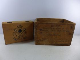 A WOODEN ELEY SMALL ARMS AMMUNITION BOX AND A SPRINGFIELD ARMORY BOX