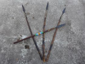 THREE ZULU ASSEGAI SPEARS, LENGTHS 119CM AND ANOTHER WITH BEADWORK DECORATION, LENGTH 100CM