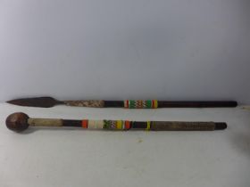 A ZULU KNOBKERRIE WITH BEADWORK DECORATION, LENGTH 81CM (A/F), AND AN ASSEGAI SPEAR, LENGTH 99CM (